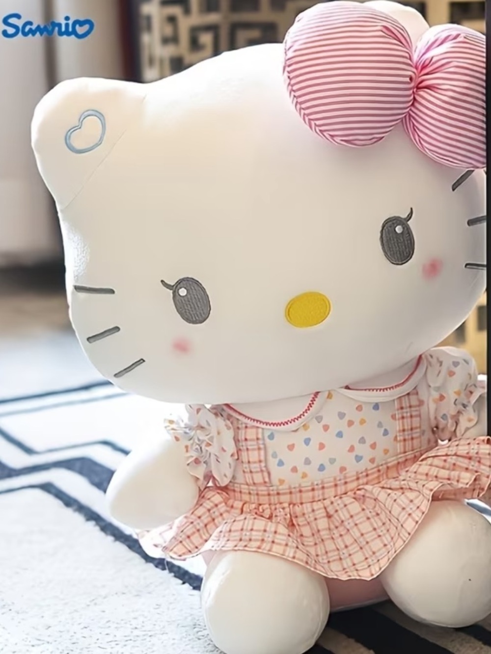 Hello Kitty Plush 9” with White and Pink Striped Bow!